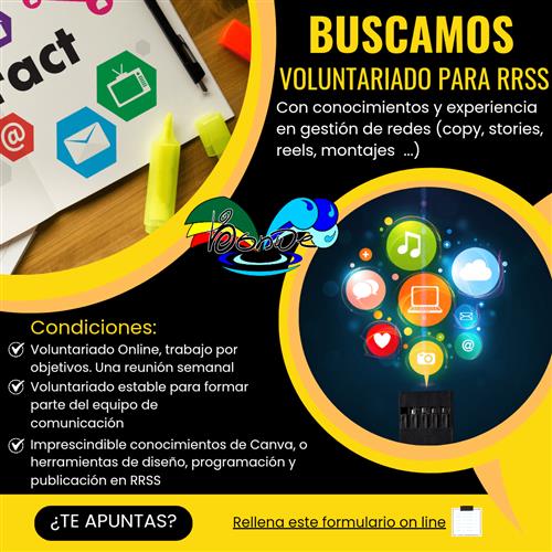 Buscamos 2 personas voluntarias especializadas en gestión de rrss (mínimo 3 meses)